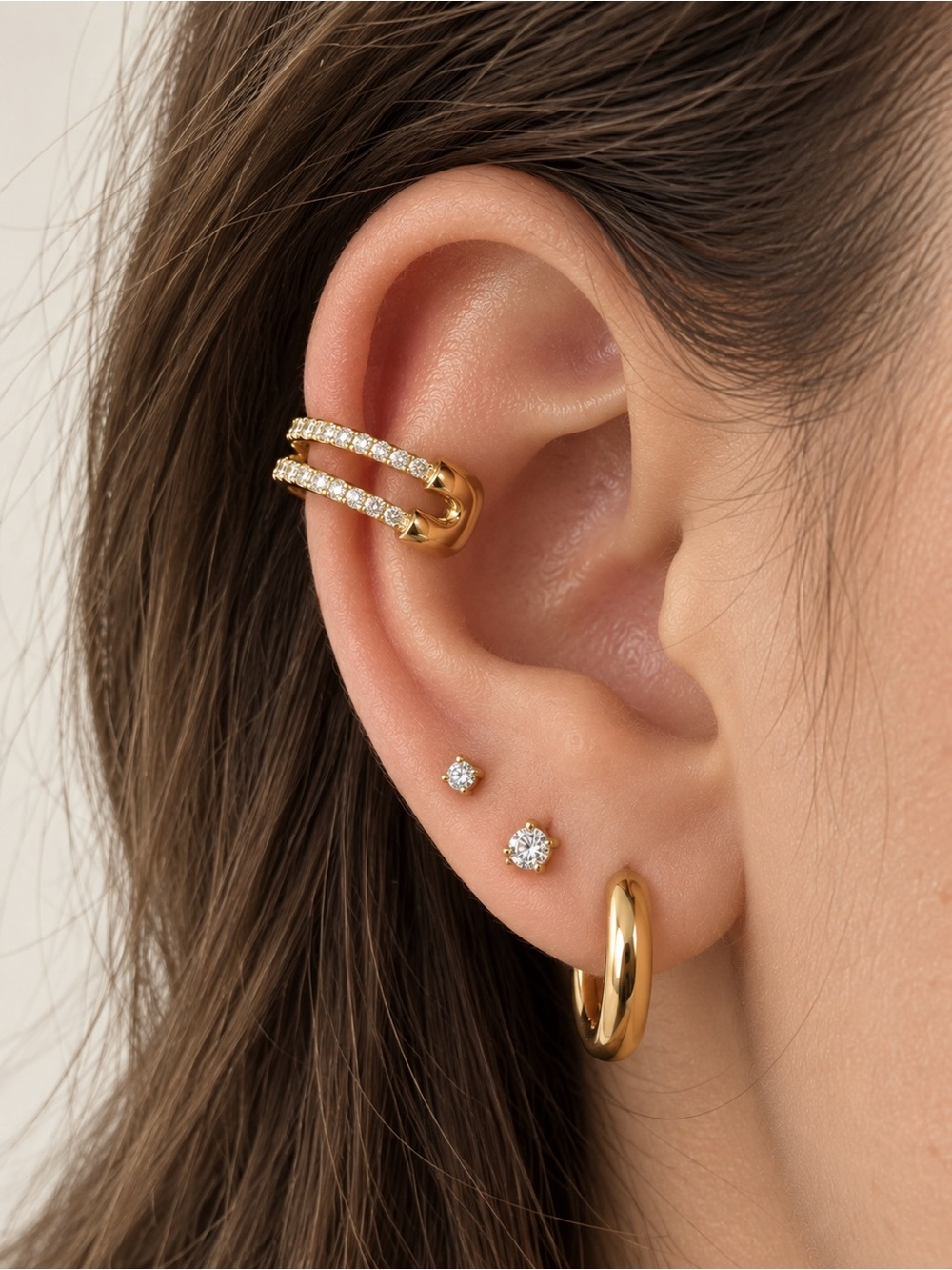 14K Gold Plated Safety Pin Ear Cuff Real Zirconia No Piercing Earring